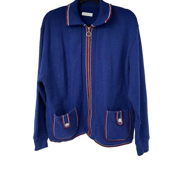 Vintage 70s Navy Red Stripe Made in‎ USA Cardigan Sweater - Picture 1 of 7